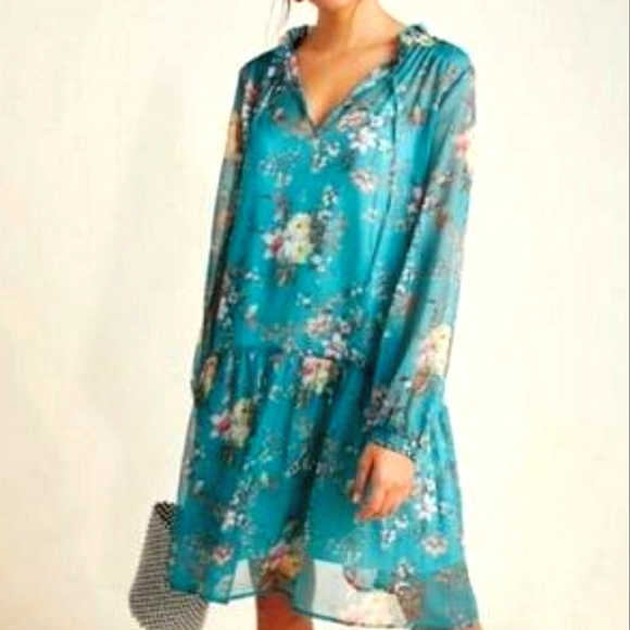 Nwot Maeve by Anthropologie Teal Floral Emmy Longsleeve Dress - Picture 6 of 16